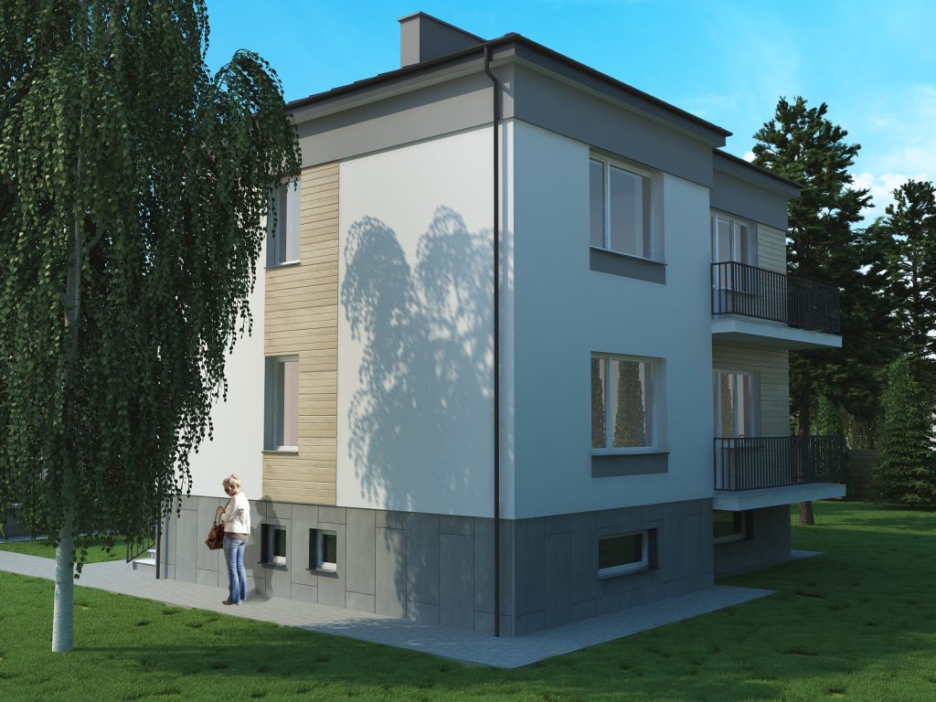 Projekt elewacji domu kostki w jasno szarej kolorystyce - elewacja ogrodowa