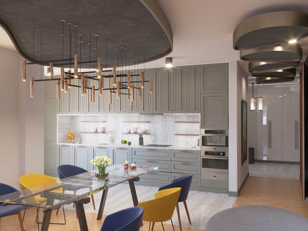 Ultramaryna i mosiądz - projekt wnętrz apartamentu 200 m2 na Mokotowie - Aneks kuchenny