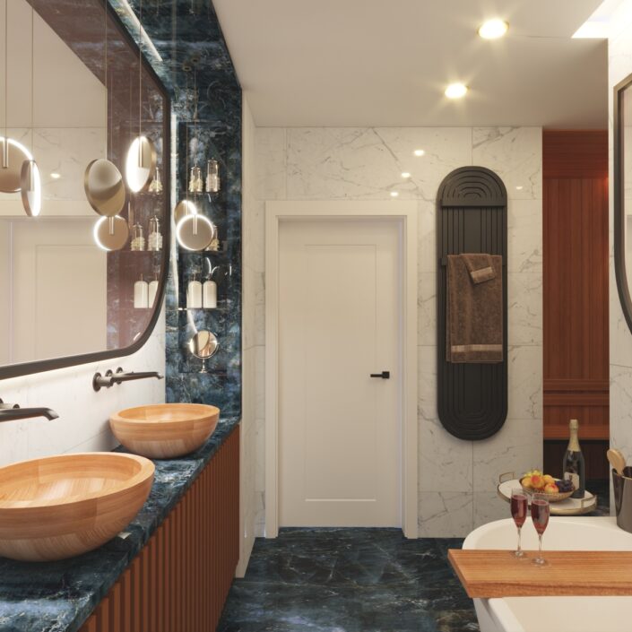 Ultramaryna i mosiądz - projekt wnętrz apartamentu 200 m2 na Mokotowie - łazienka i sauna