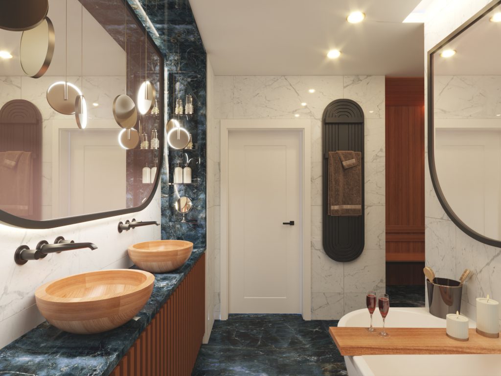 Ultramaryna i mosiądz - projekt wnętrz apartamentu 200 m2 na Mokotowie - łazienka i sauna
