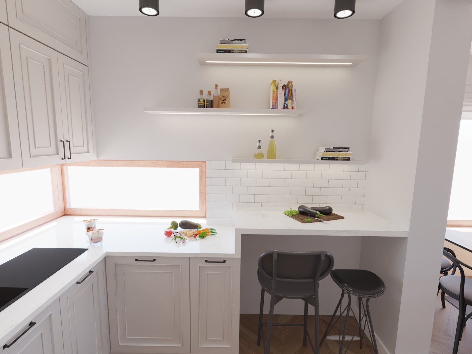 Aranżacja kuchni w stylu eklektycznym z białą stylizowaną zabudową szafek i niewielkim oknem. Półki na ścianie podświetlane taśmą LED