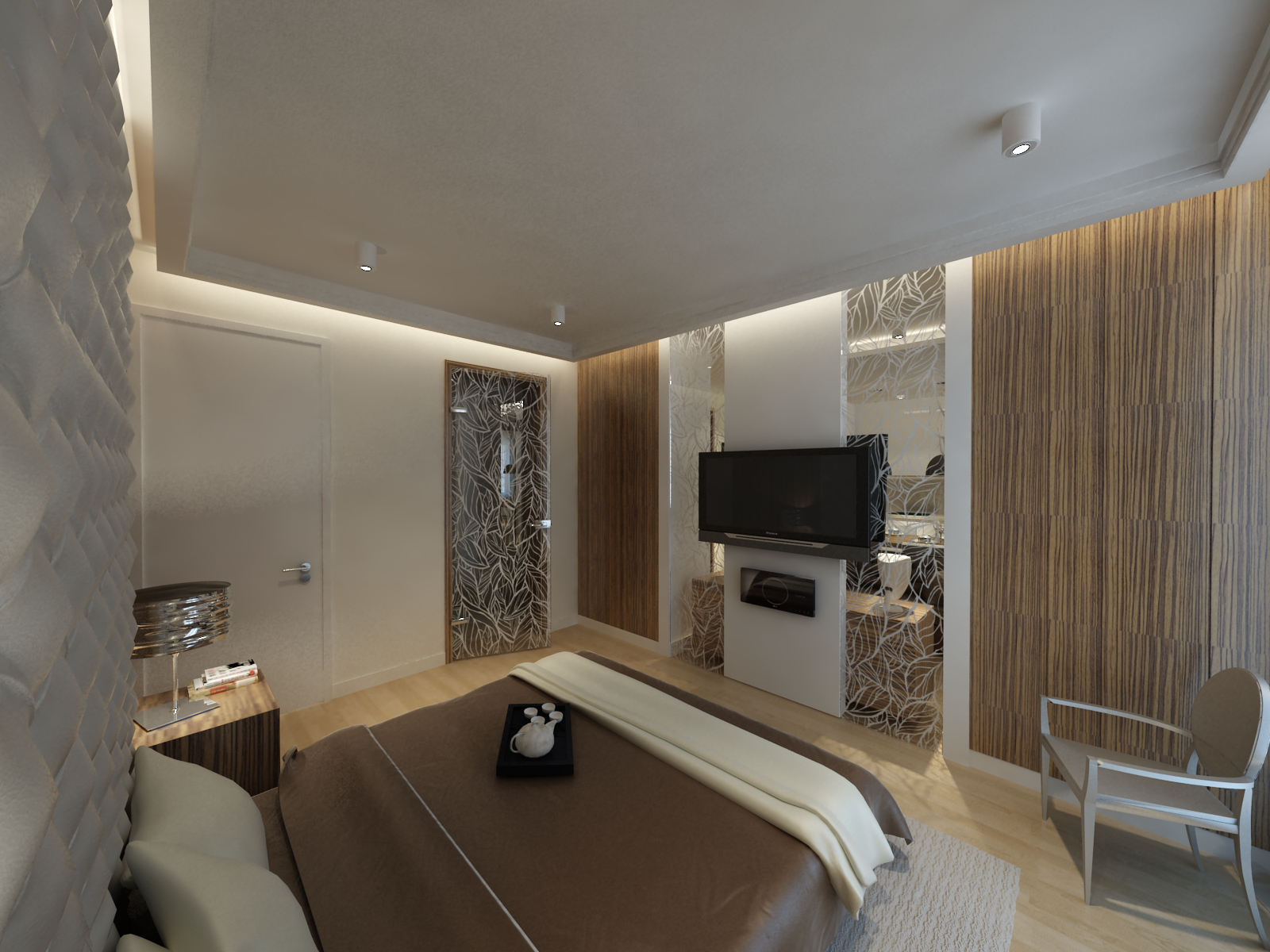 Ażurowa ściana sypialni z telewizorem i dwiema fornirowanym szafami wnękowymi