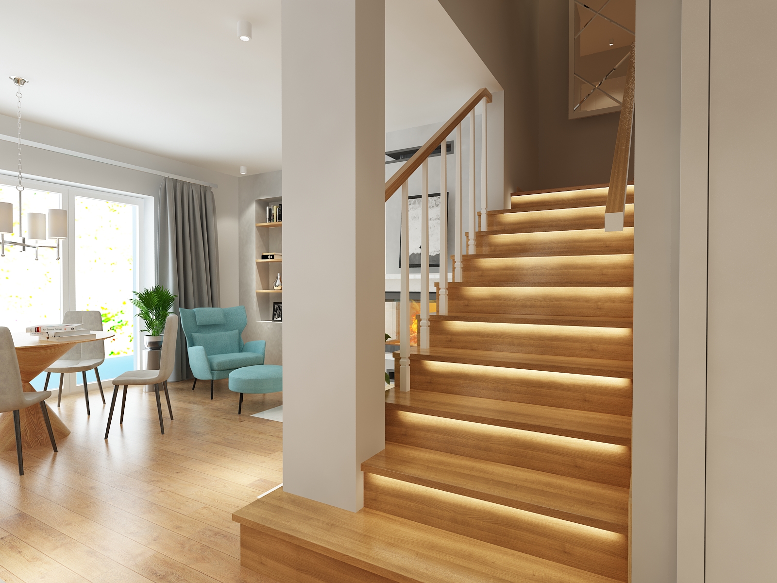 Drewniane podświetlane schody w nowoczesnym wnętrzu.