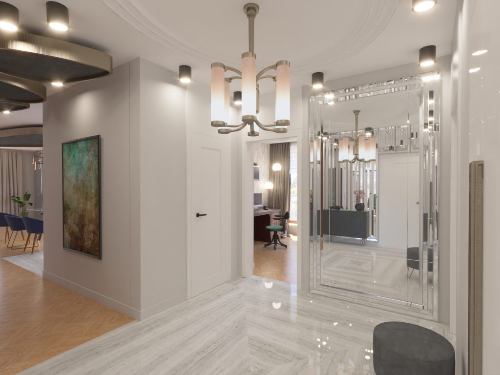 Żyrandol w stylu art deco w przedpokoju. Duże lustro kryształowe