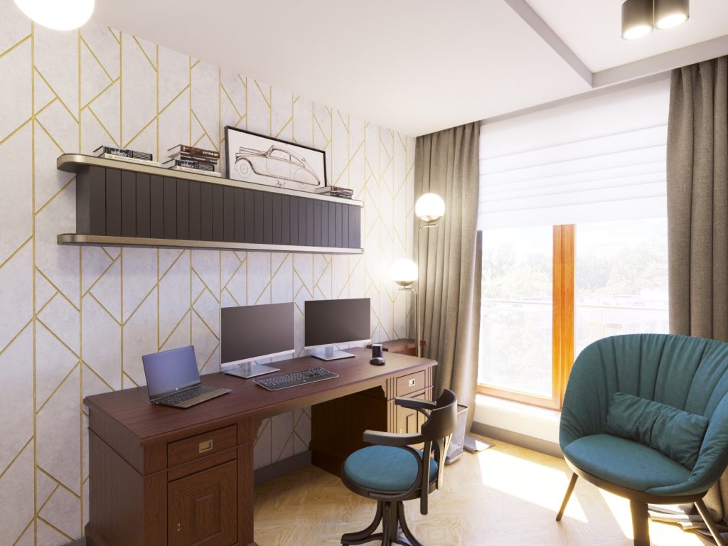 Ekskluzywny gabinet w stylu art deco z jasną geometryczną tapetą 