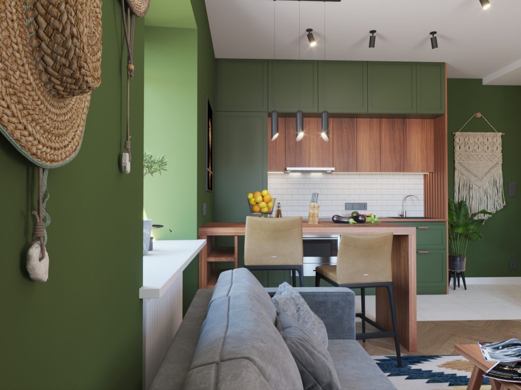 butelkowa zieleń we wnętrzach mieszkania aneks kuchenny
