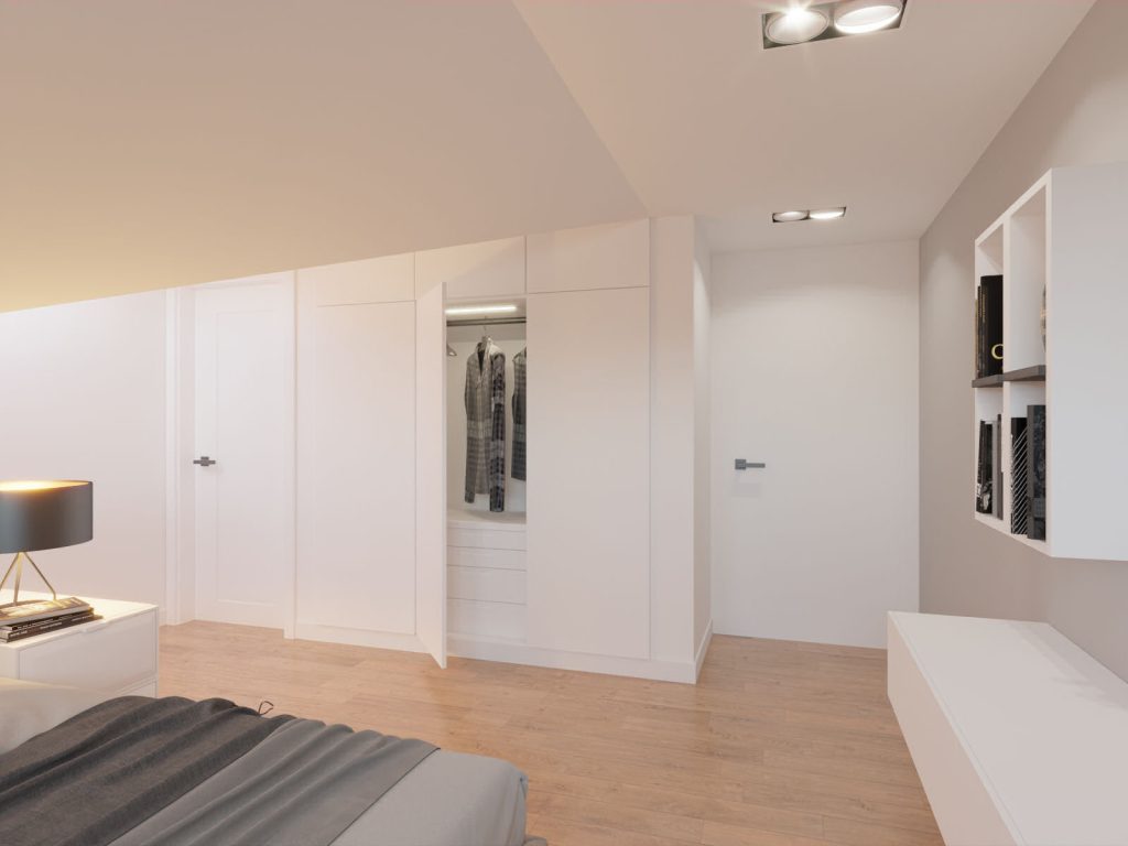 Garderoba w sypialni na poddaszu, jasne wnętrze, zabudowa otwierana dociskowo 