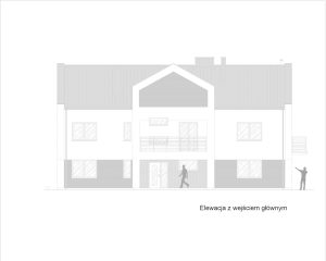 Projektowana elewacja z wejściem głównym od strony posesji, z nowoczesnym balkonem i klinkierowym wykończeniem.