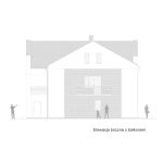 Projekt elewacji bocznej z balkonem w nowo wybudowanej części domu, cegła klinkierowa jako główny materiał wykończeniowy.
