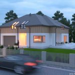 Nowoczesny dom z poddaszem na działce narożnej, otoczony ogrodem i nowoczesnym ogrodzeniem, z podświetlonym tarasem i eleganckim oświetleniem elewacji.