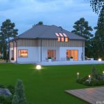 Nowoczesny dom z poddaszem i dużym tarasem, otoczony zielenią i oświetlonym ogrodem.