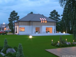 Nowoczesny dom z poddaszem i dużym tarasem, otoczony zielenią i oświetlonym ogrodem.