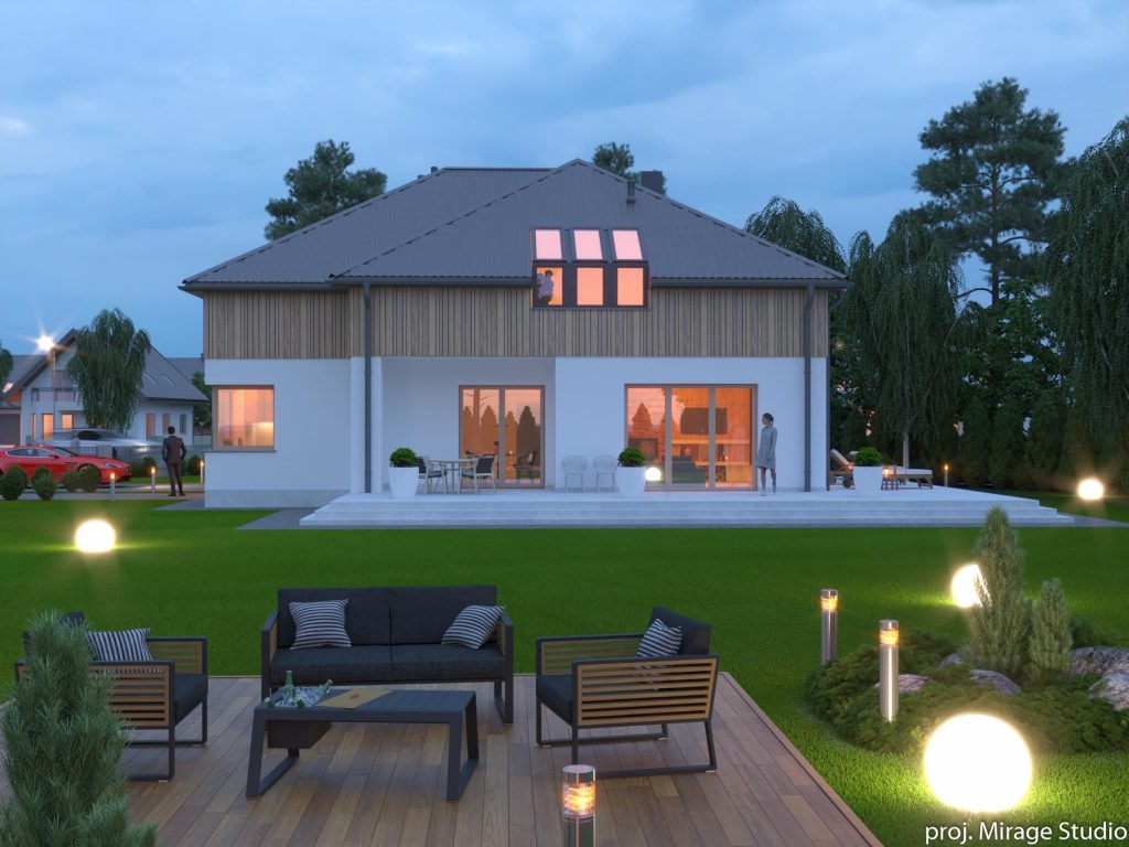 dom-na-debowej-projekt-z-poddaszem-uzytkowym-3 Nowoczesny dom z poddaszem użytkowym i ogrodem – widok na taras i strefę wypoczynku.