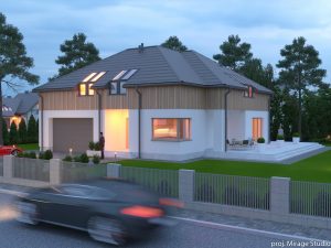 Nowoczesny dom z poddaszem na działce narożnej, otoczony ogrodem i nowoczesnym ogrodzeniem, z podświetlonym tarasem i eleganckim oświetleniem elewacji.