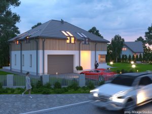 Nowoczesny dom z poddaszem użytkowym na działce narożnej – wizualizacja projektu architektonicznego.