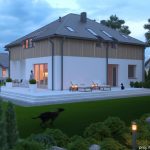 Nowoczesny dom z poddaszem i dużym tarasem – widok od strony ogrodu.