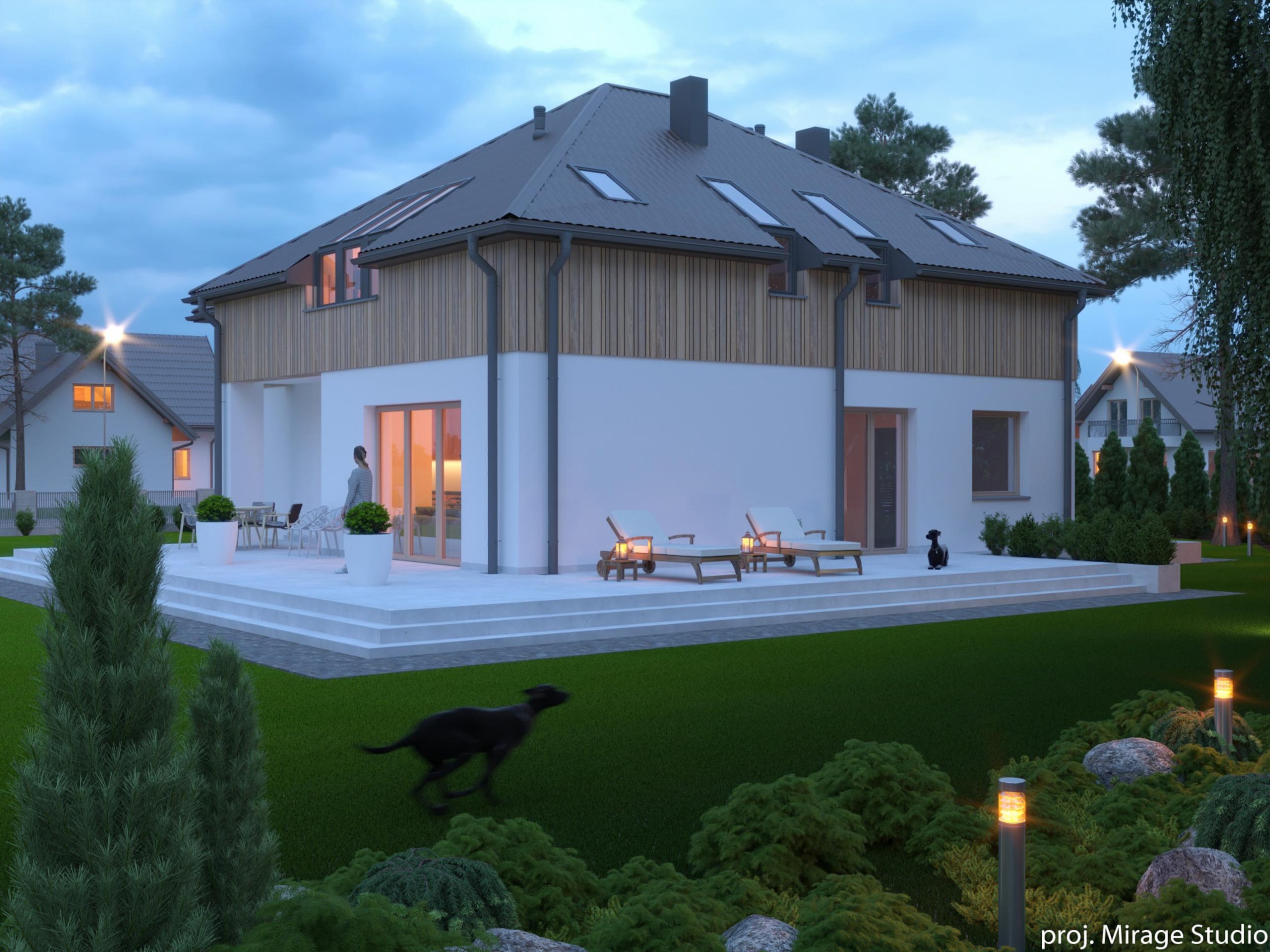 Nowoczesny dom z poddaszem i dużym tarasem – widok od strony ogrodu.