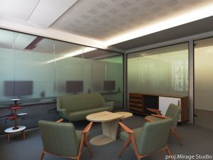 Mini sala konferencyjna w biurze w Paryżu z zielonymi fotelami, sofą i szklanymi ścianami.