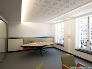 Nowoczesne biuro obsługi klienta w Paryżu z designerskim stołem i dużymi oknami.