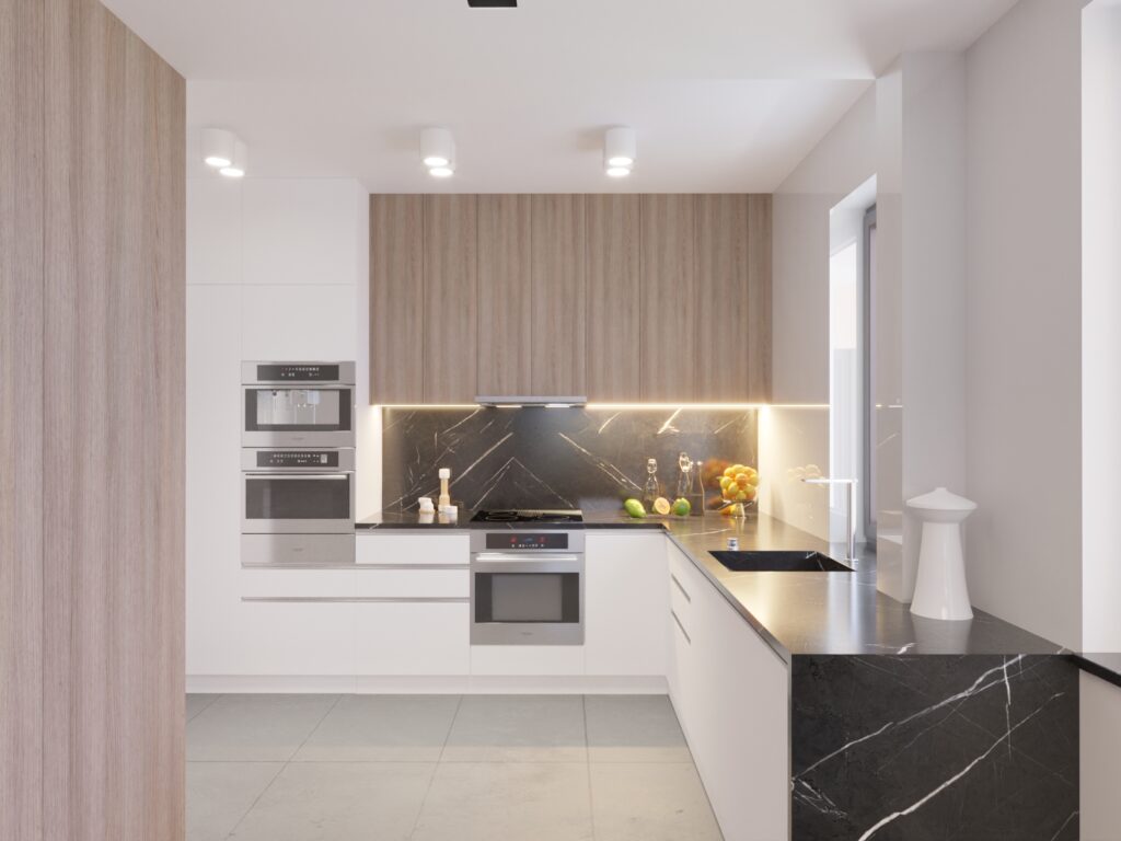 Nowoczesna kuchnia z zabudową w kształcie litery U, czarnym kamiennym blatem i drewnianymi frontami