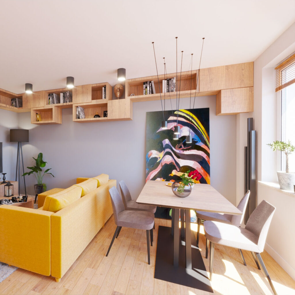 Koncepcyjny projekt wnętrza salonu z żółtą sofą i nowoczesnymi półkami