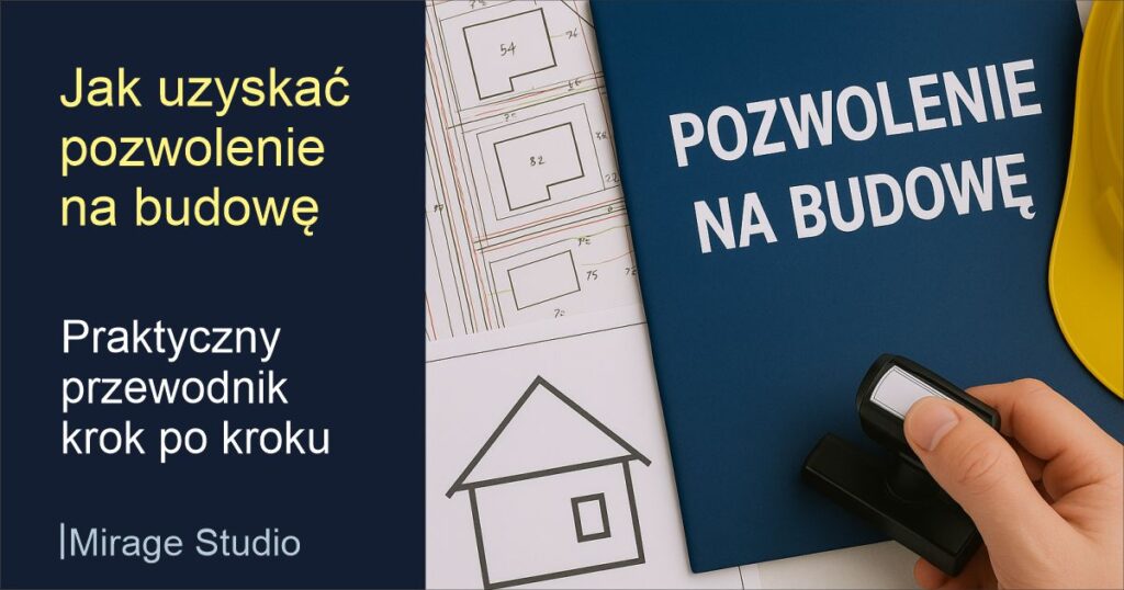 Grafika informacyjna: Jak uzyskać pozwolenie na budowę – praktyczny przewodnik krok po kroku od Mirage Studio.