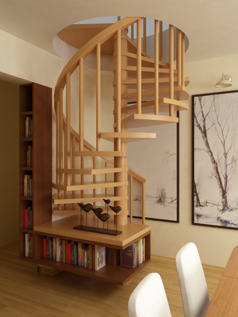 klatka schodowa inspiracje spiralne drewniane schody polaczone z szafka