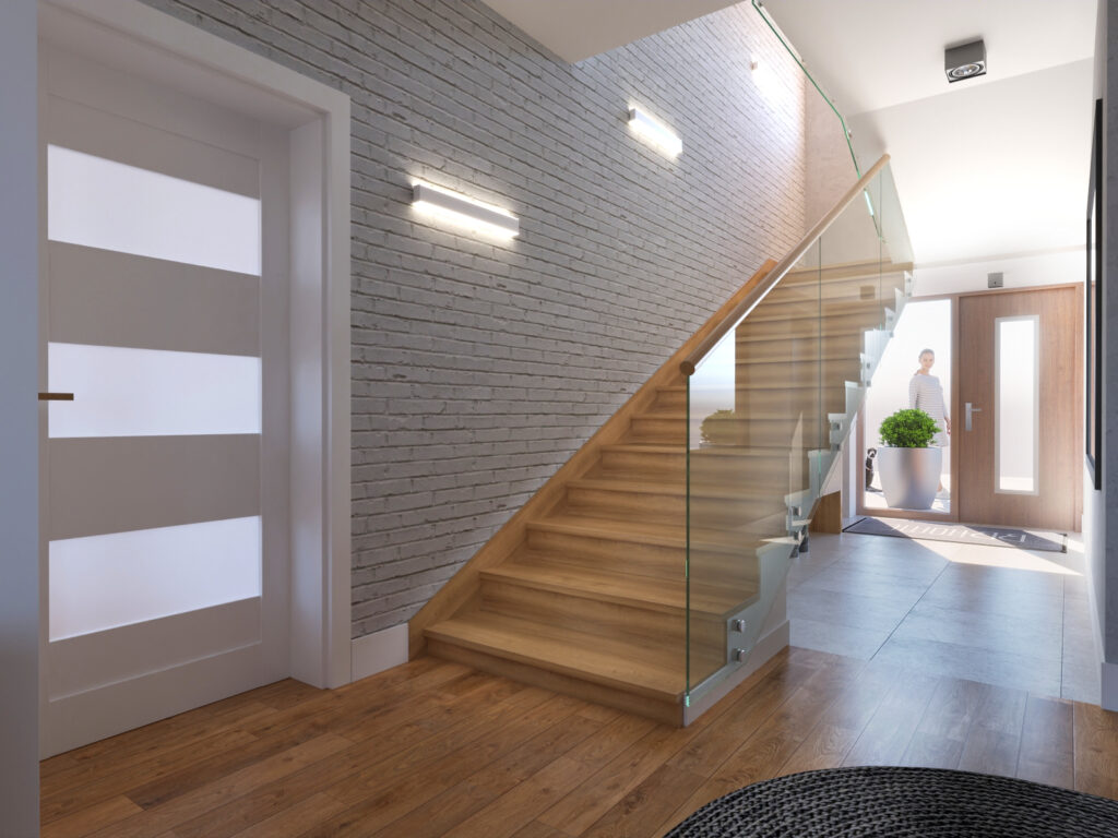 schody proste klasyczne drewniane w domu jendorodzinnym